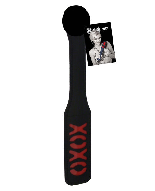 Sex and Mischief Bondage Paddle Black Vinyl XOXO Design with Signature Marking for Sensual Impact Play