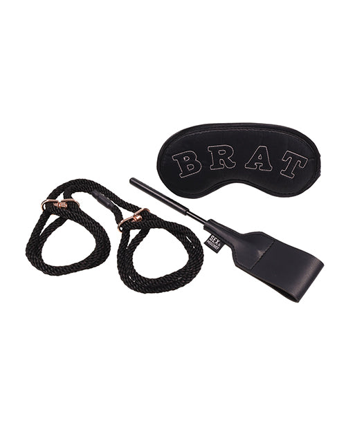 Brat Bondage Kit with Rope Handcuffs, Mini Crop, Satin Blindfold for Beginner Sensory Play and Restraint