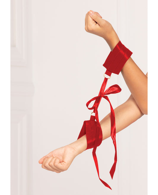 Seven 'til Midnight Satin Elastic Cuffs with Gold D-Ring and Satin Ribbon Tie for Adjustable Playful Restraint