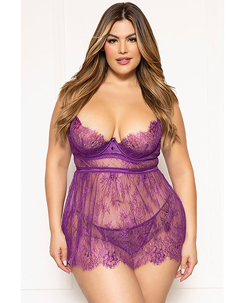 Seven 'til Midnight Plus Size Babydoll Set Eyelash Lace Underwire Adjustable Straps for Elegant Curvy Lingerie