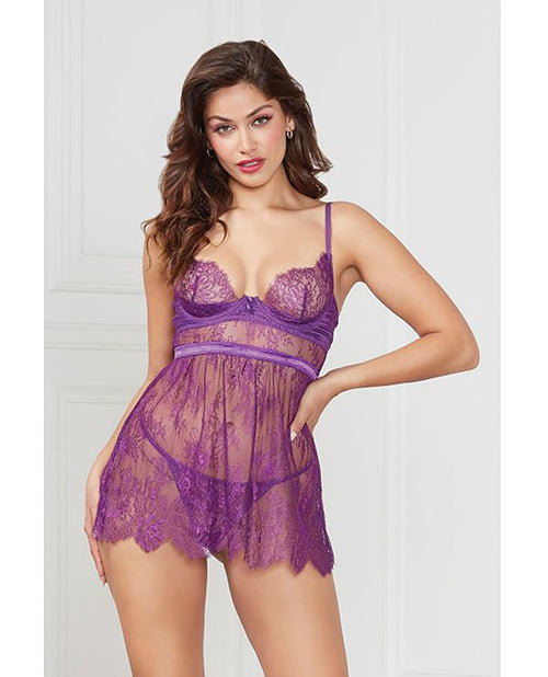 Seven 'til Midnight Lingerie Floral Eyelash Lace Babydoll Underwire Purple with Satin Buttons for Romantic Evenings