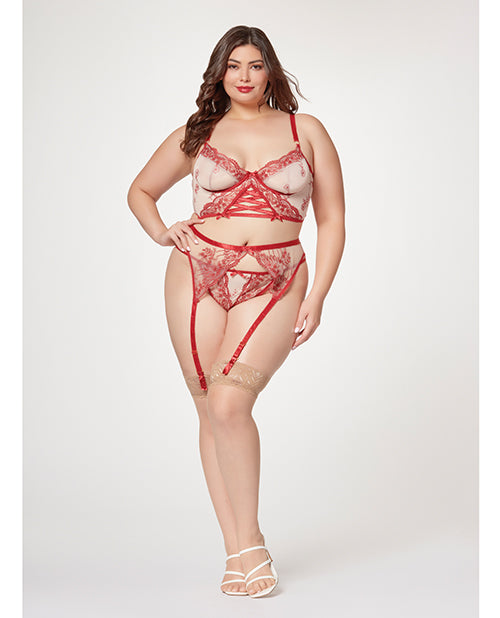 Seven 'til Midnight plus size lingerie set sheer mesh floral embroidery gold hardware for romantic evenings