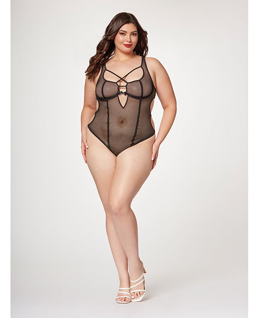 Seven 'til Midnight plus size fishnet teddy with strappy design and detachable garter straps for alluring intimate wear