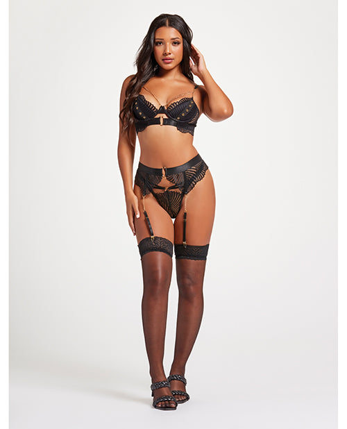 Seven 'til Midnight Lingerie Scalloped Lace Bra Gold Chain Accents with Garter and Thong for Elegant Lingerie Set