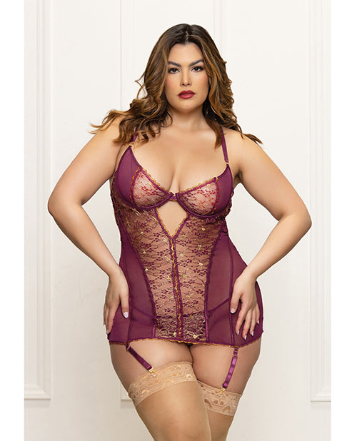 Seven 'til Midnight Lingerie Plus Size Metallic Lace Mesh Chemise with Gartered Design for Elegant Curve Appeal