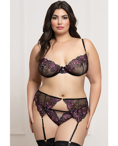 Seven til Midnight Plus Size Lingerie Set with Floral Lace Underwire Bra and Garter for Curvy Women