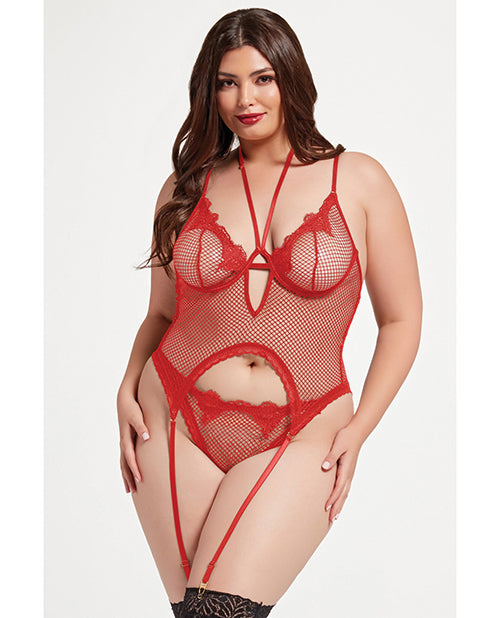 Seven 'til Midnight Plus Size Lingerie Stretch Mesh Halter Cami with Lace and Thong for Flattering Fit
