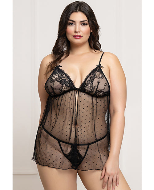 Seven 'til Midnight plus size babydoll lingerie set featuring lace and dot mesh with G-string for elegant confidence