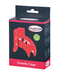 Malesation Chastity Cage red ABS plastic with adjustable rings and brass lock for male restraint