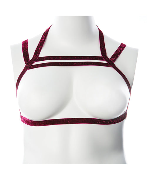 Gender Fluid Chest Harness Metallic Raspberry Glitter Stretch Unisex Design for Bold Statement Wear