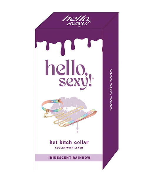 Hello Sexy! Bondage Collar with Iridescent Rainbow Strap and Vegan Leather Leash for Playful Restraint