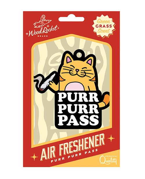 Wood Rocket Air Freshener with Green Grass Scent and Novelty Purr Purr Design for Odor Elimination in Cars or Lockers