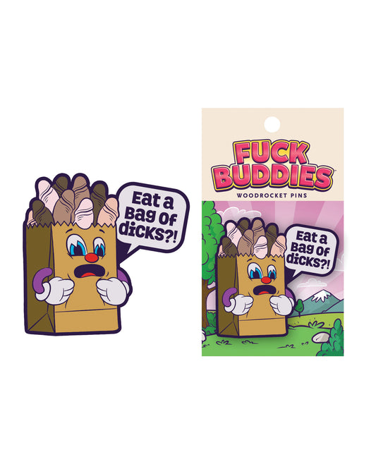 Wood Rocket novelty enamel pin with Eat a Bag of Dicks funny design and multi-color finish for unique accessory and gifting