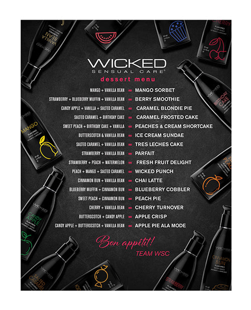 Wicked Sensual Care Menu Tent Card with Dessert Me Design for Retail Display and Product Promotion