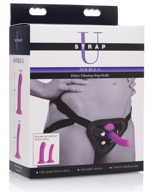 Strap U Strap-On Kit Dual Curved Silicone Dildos Adjustable Harness with Vibrating Bullet for Shared Stimulation