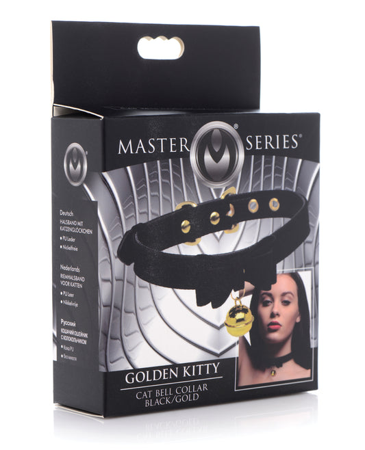 Master Series Bondage Collar Black and Gold PU Leather with Bell and Bow Tie for Pet Play and Submissive Roleplay