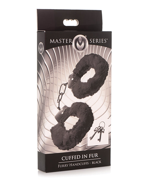 Master Series bondage furry handcuffs soft faux fur black adjustable cuffs for comfortable restraint