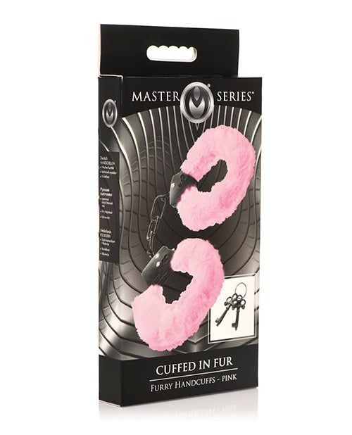 Master Series Bondage Restraints Pink Faux Fur Handcuffs with Adjustable Metal Design for Comfortable Sensual Play