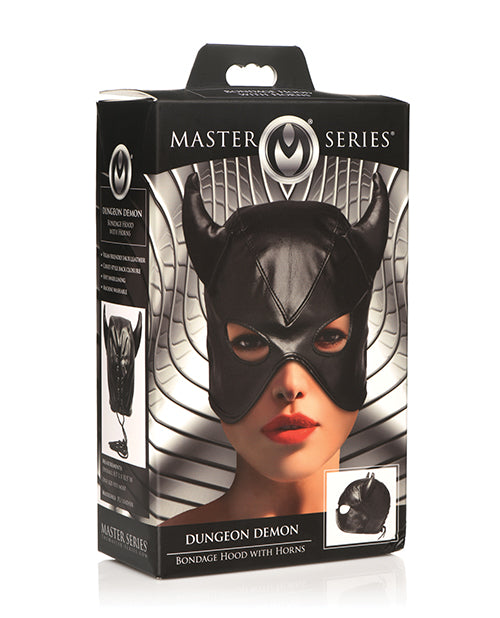 Master Series Bondage Hood with Horns Faux Leather Open Eye and Mouth for Roleplay Costume Enhancement