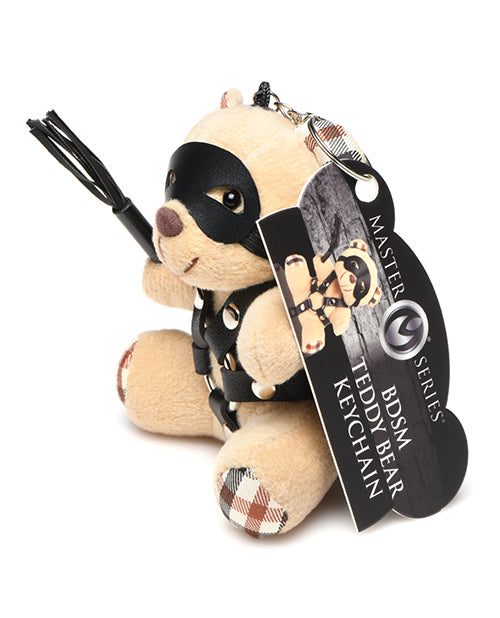 Master Series novelty teddy bear keychain with faux leather harness and mini flogger for playful gifting or bag accessory