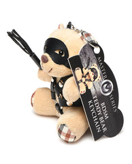 Master Series novelty teddy bear keychain with faux leather harness and mini flogger for playful gifting or bag accessory