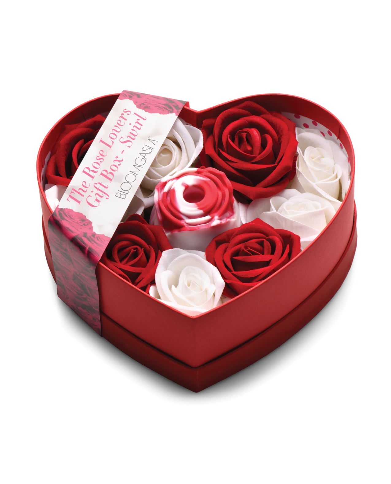 Heart-shaped gift box with the Bloomgasm Rose Toy surrounded by artificial roses.