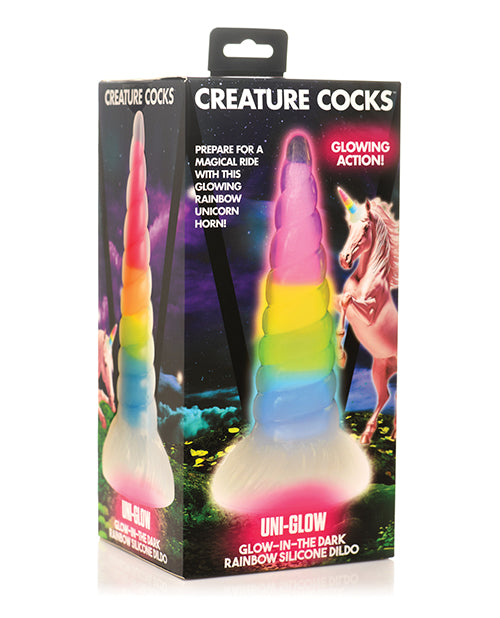 Creature Cocks Silicone Dildo Glow-in-the-Dark Rainbow Core with Suction Base for Fantasy Roleplay Pleasure