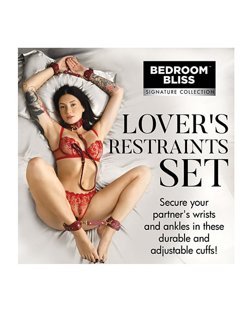Bedroom Bliss Bondage Restraint Set Red Vegan Leather Adjustable Cuffs Collar with Nickel-Free Hardware for Creative Restraint Play