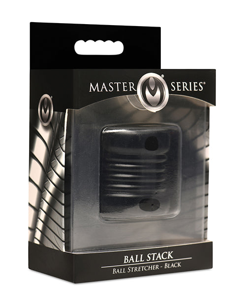 Master Series ball stretcher black stacked design with textured nubs for comfortable penis enhancement and extended testicle stretching