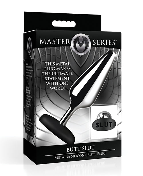 Master Series anal plug metal butt plug with black silicone slut base for temperature play and secure fit
