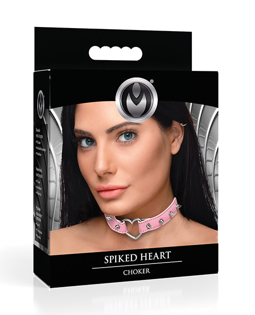Master Series Bondage Choker Pink Vegan Leather Adjustable Spiked Heart Collar for Statement Style or Play