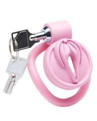 Master Series Bondage Restraint Vulva Chastity Cage with Pink Feminizing Cover for Secure Locking and Comfort