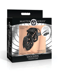 Master Series Chastity Cage Black with Ventilated Breathable Design and Adjustable Rings for Secure Submissive Restraint